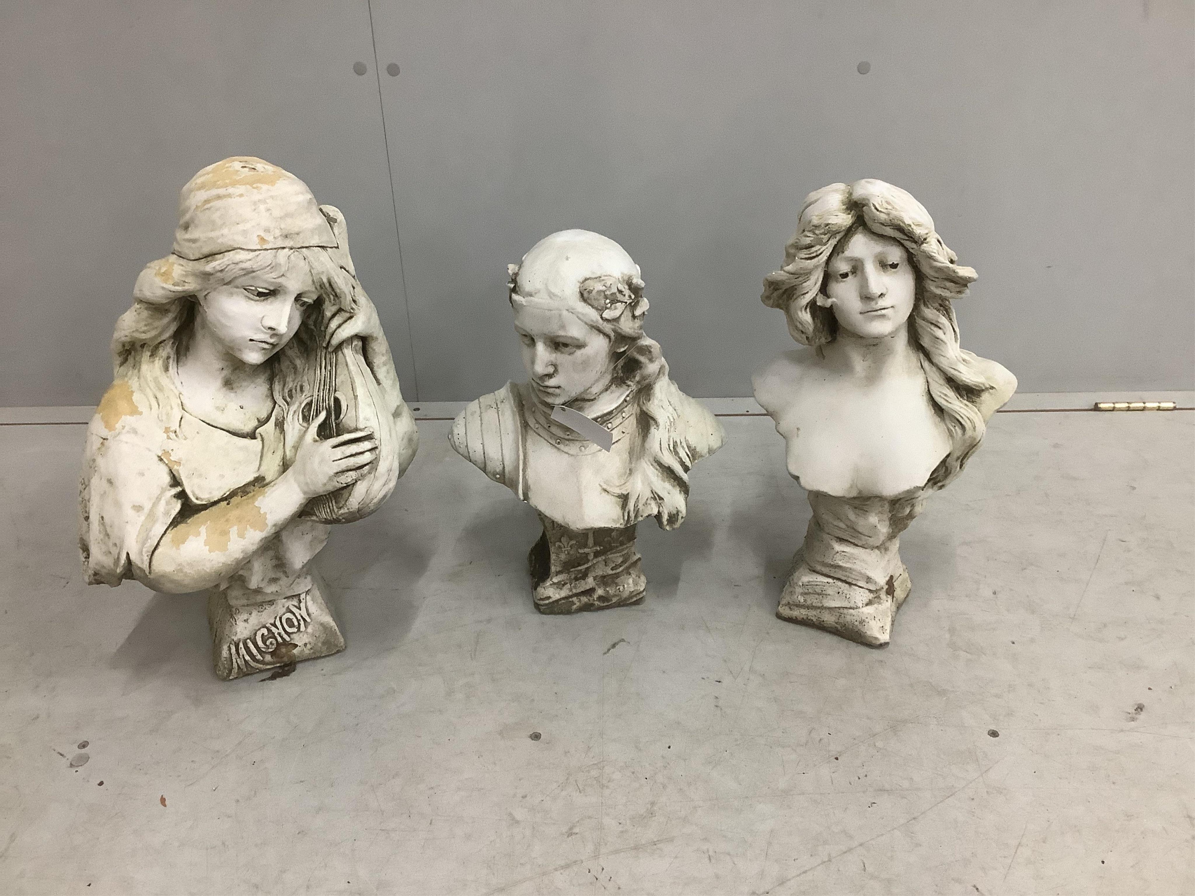 Three Art Nouveau style cast plaster busts, largest height 50cm. Condition - fair